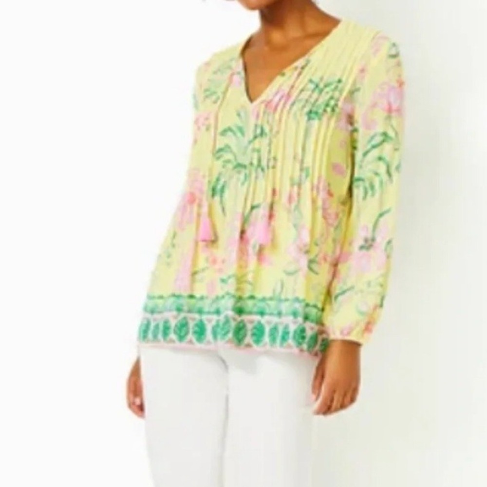LILLY PULITZER Marilina Tunic Blouse Yellow Tropical Floral Women's Size Small